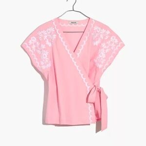 Madewell XL Embroidered Side-Tie Wrap Top blouse pink